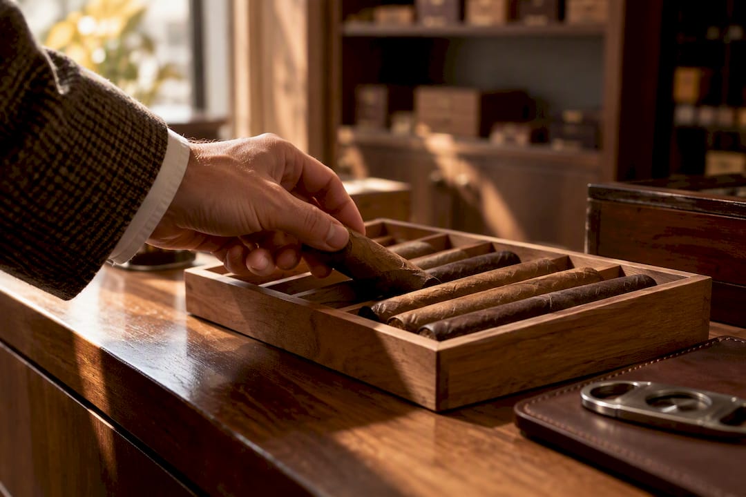Hand selecting a single cigar sample