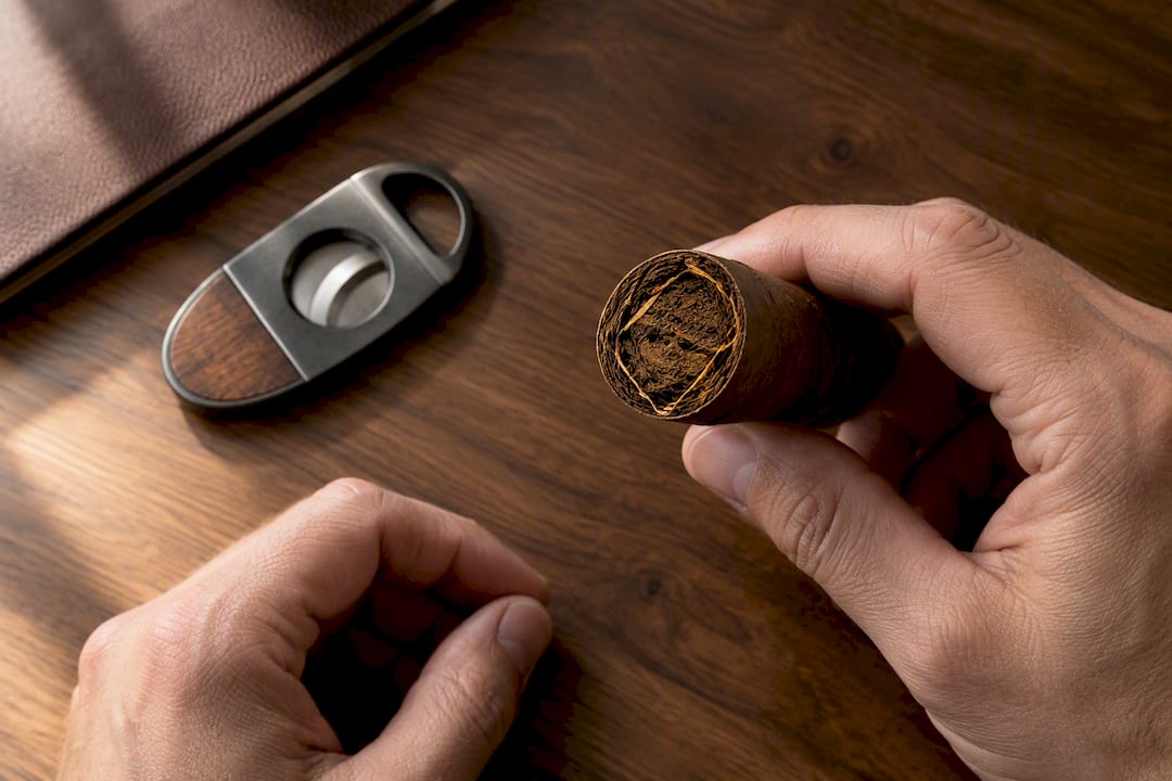Cigar cross-section showing layered filler leaves