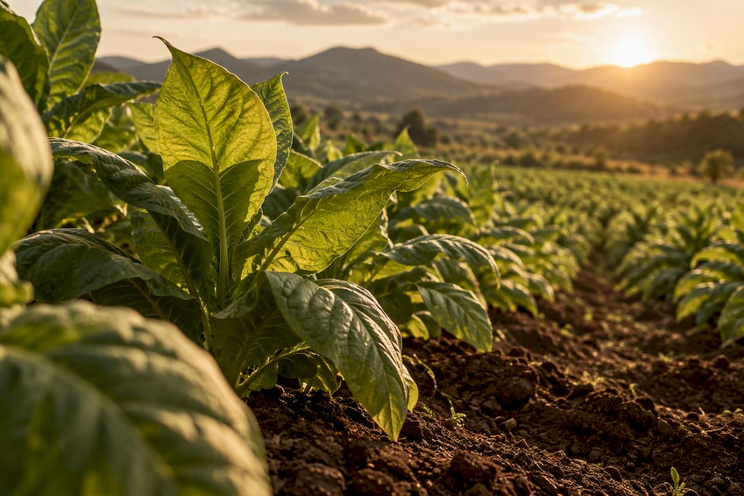 Tobacco leaves growing in a sunlit field
