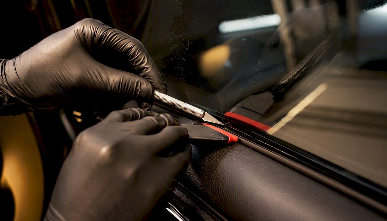 Technician sealing automotive tint film edge