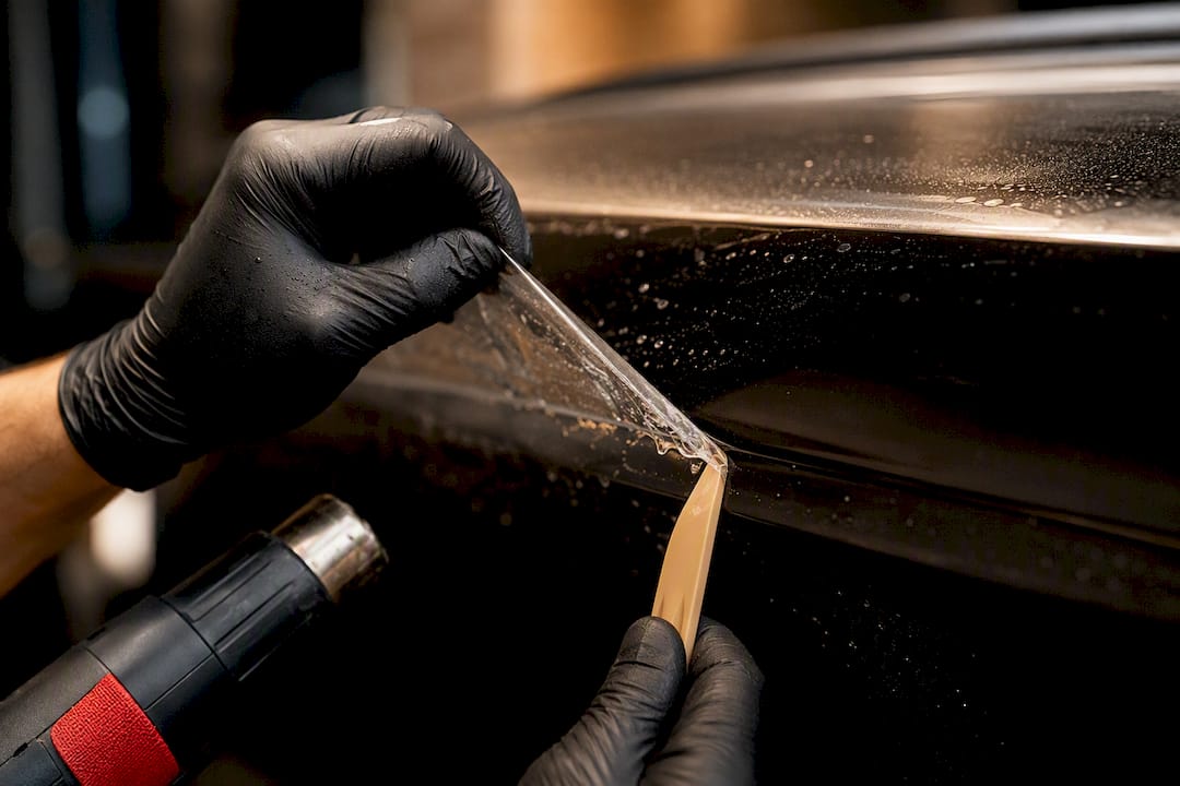 Technician removing aged paint film