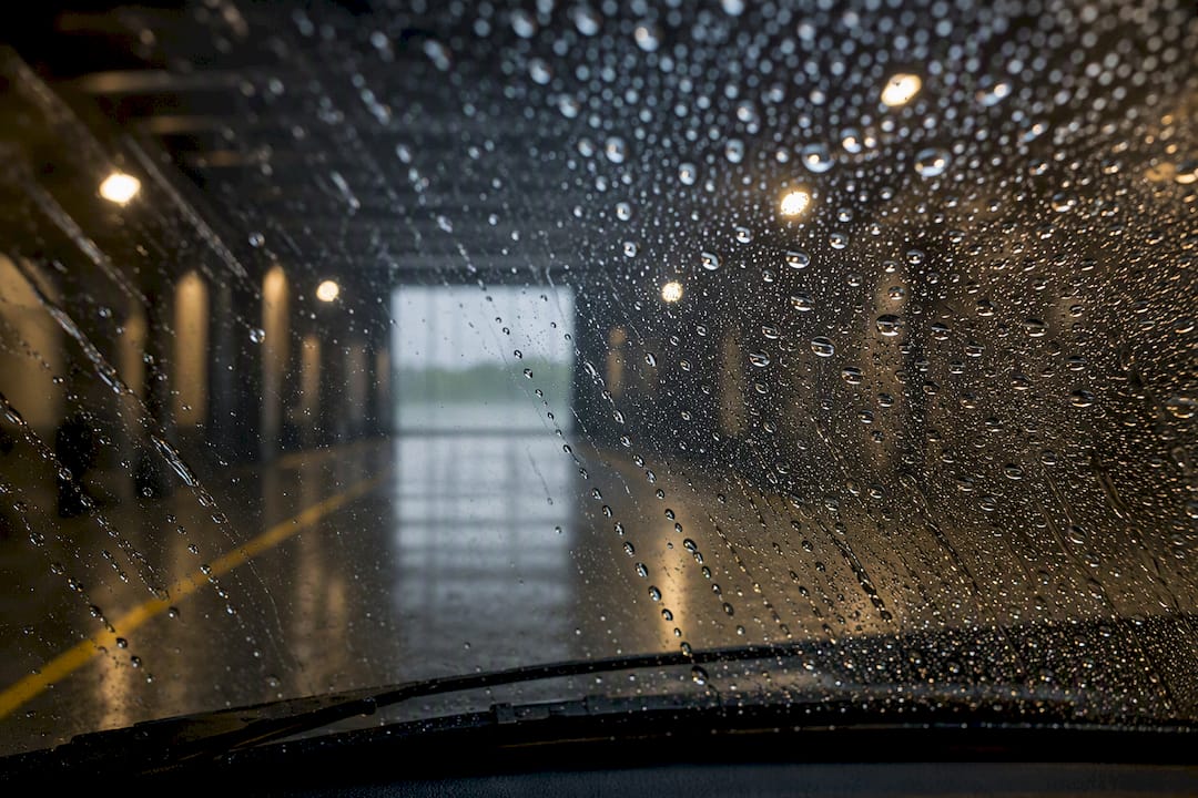 Water beads clearing a treated windshield