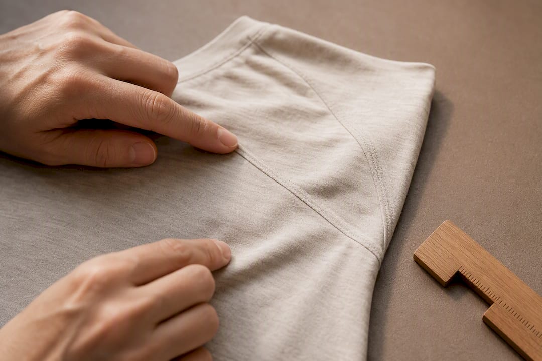 Hands examining a low-profile textile seam