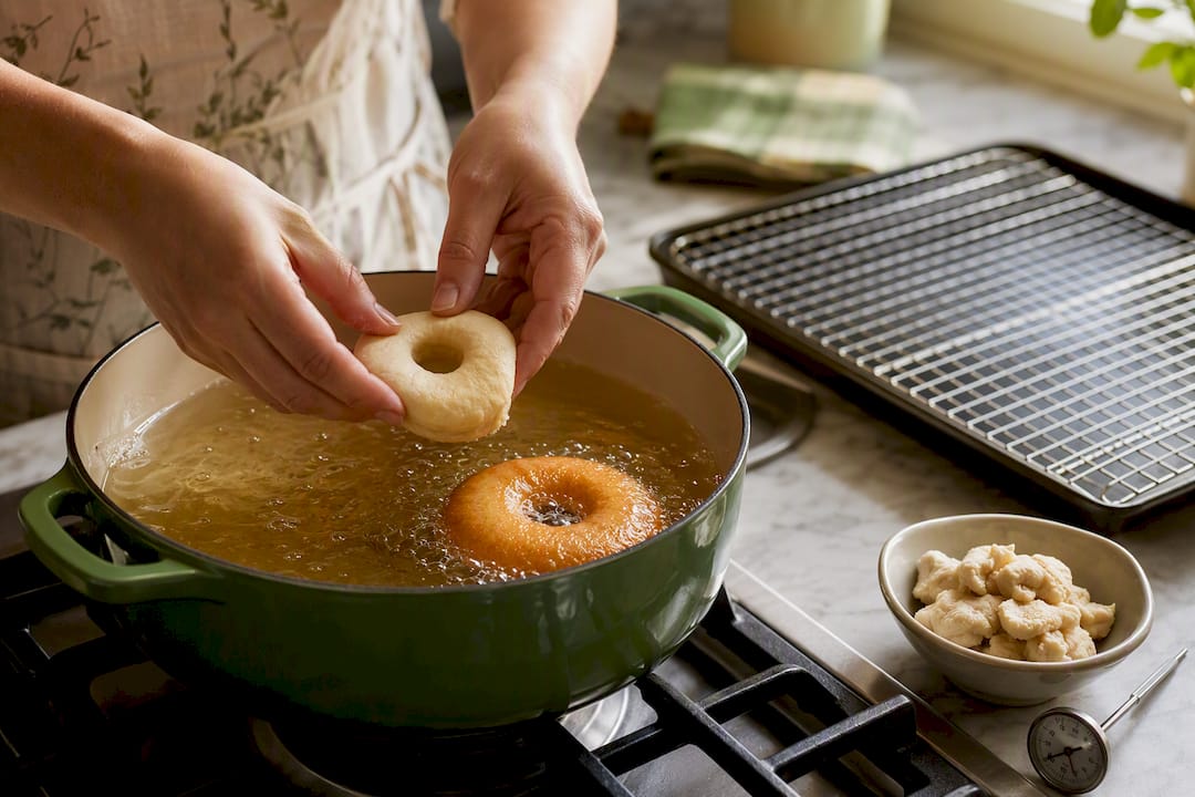 Eggless donuts frying until golden