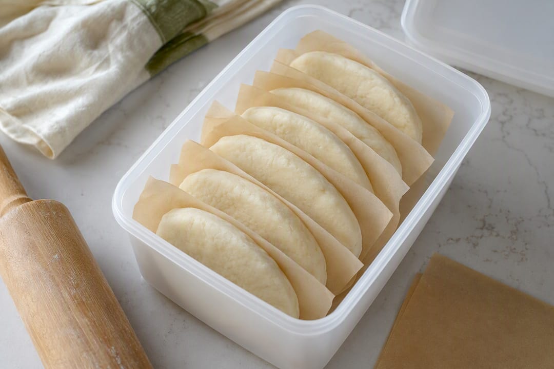 Fry bread dough discs separated for freezing