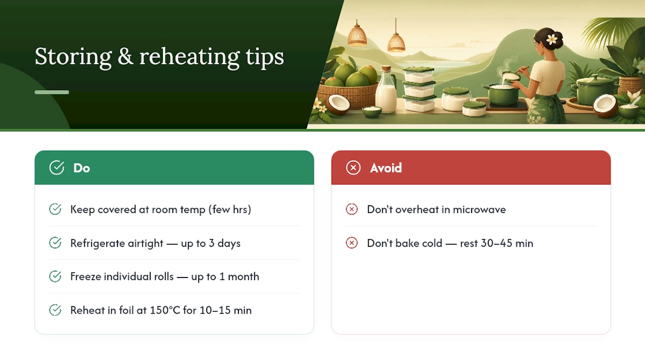 Storing and reheating pani popo without losing that custardy base — overview diagram