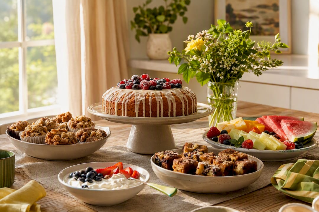 Organised brunch dessert table with fruit