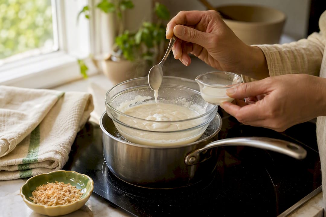 Hands loosening coconut glaze over warm water