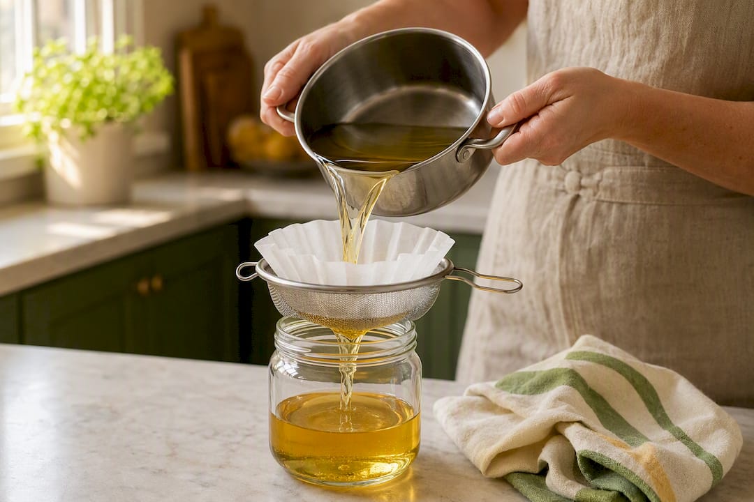 Filtering cooled frying oil into jar