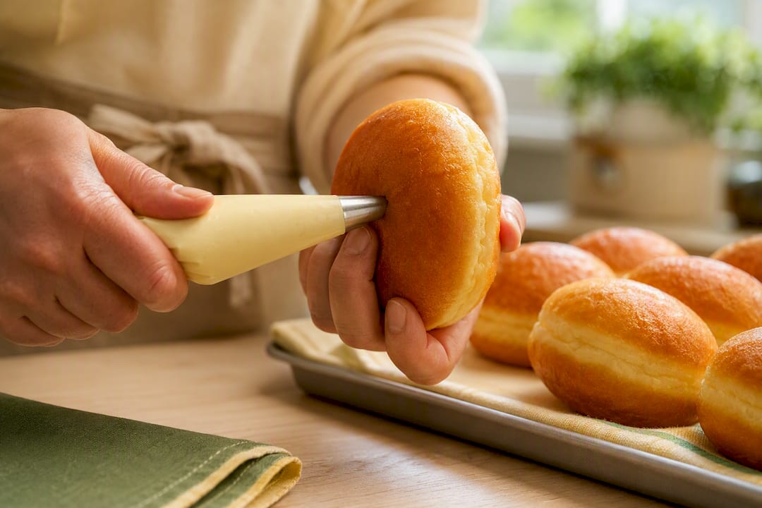 Hands piping filling into a donut