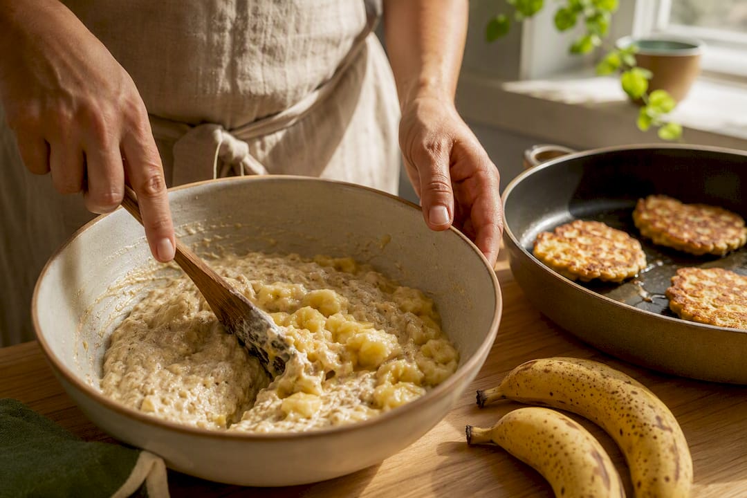 Banana batter beside golden panikeke fritters