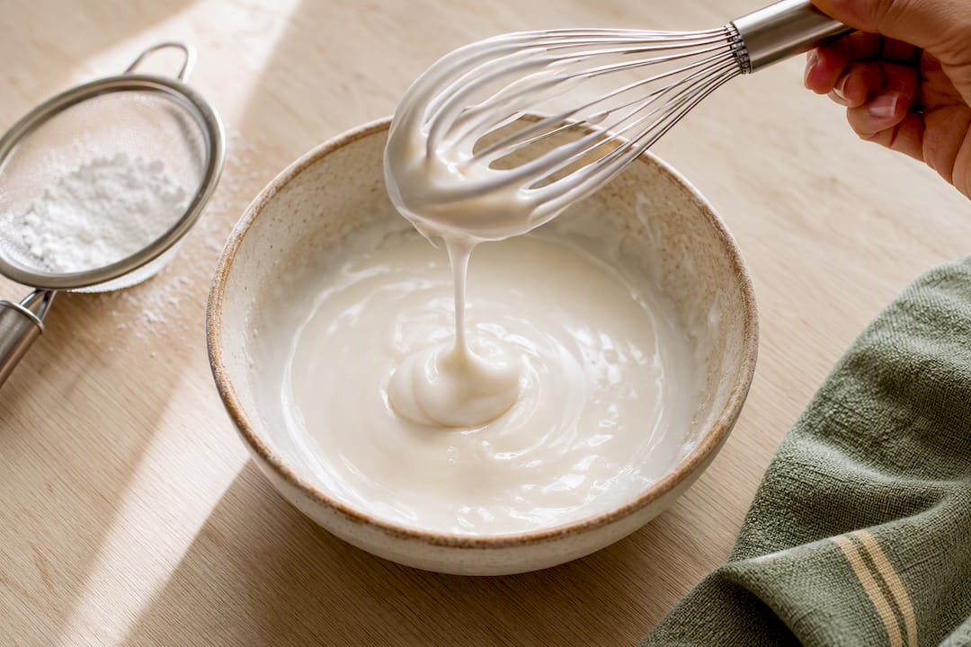 Whisk lifting glossy donut glaze ribbon