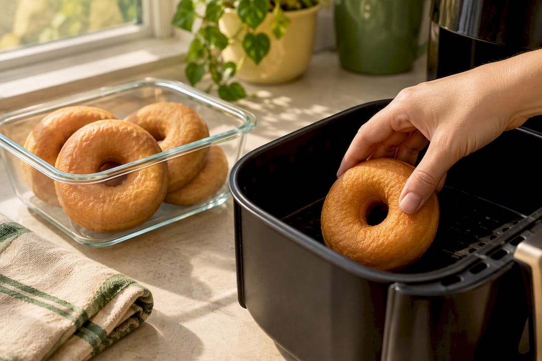 Plain donuts being reheated in air fryer
