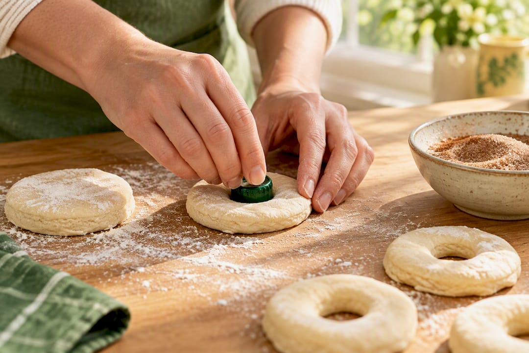 Biscuit dough rounds cut into donut shapes