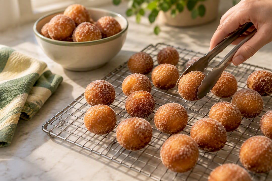 Golden donut holes cooling on wire rack