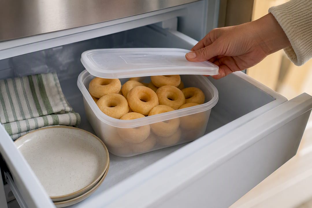 Unglazed mini donuts stored for freezing