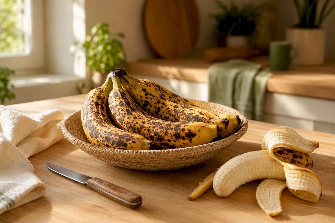 Heavily speckled ripe bananas for fritters