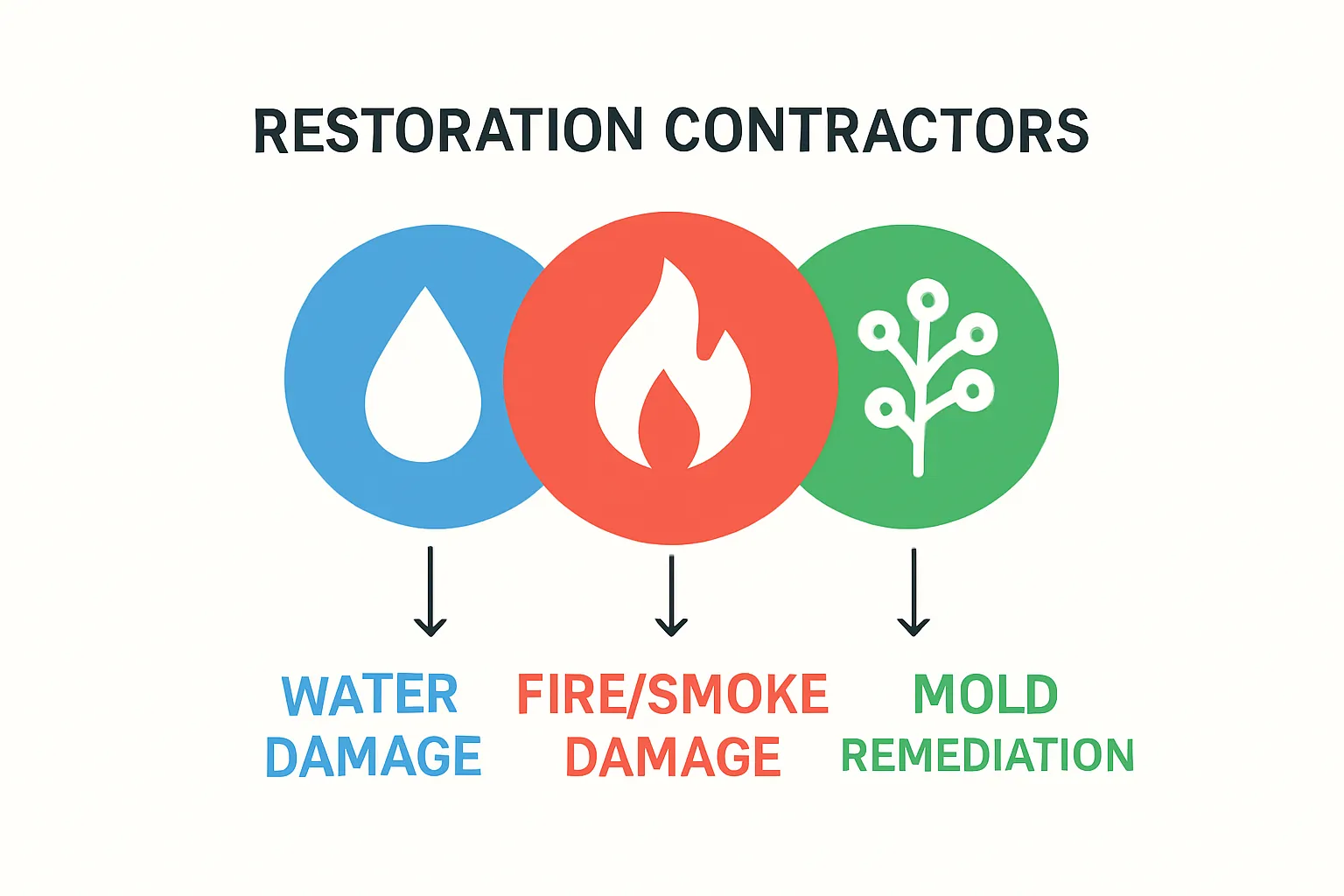 Three key restoration contractor services illustrated with icons