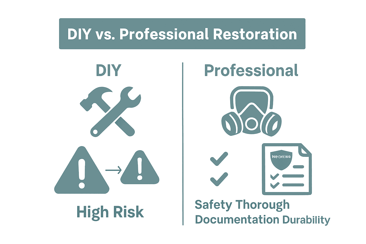 DIY versus professional restoration infographic visualizing risks and benefits differences.