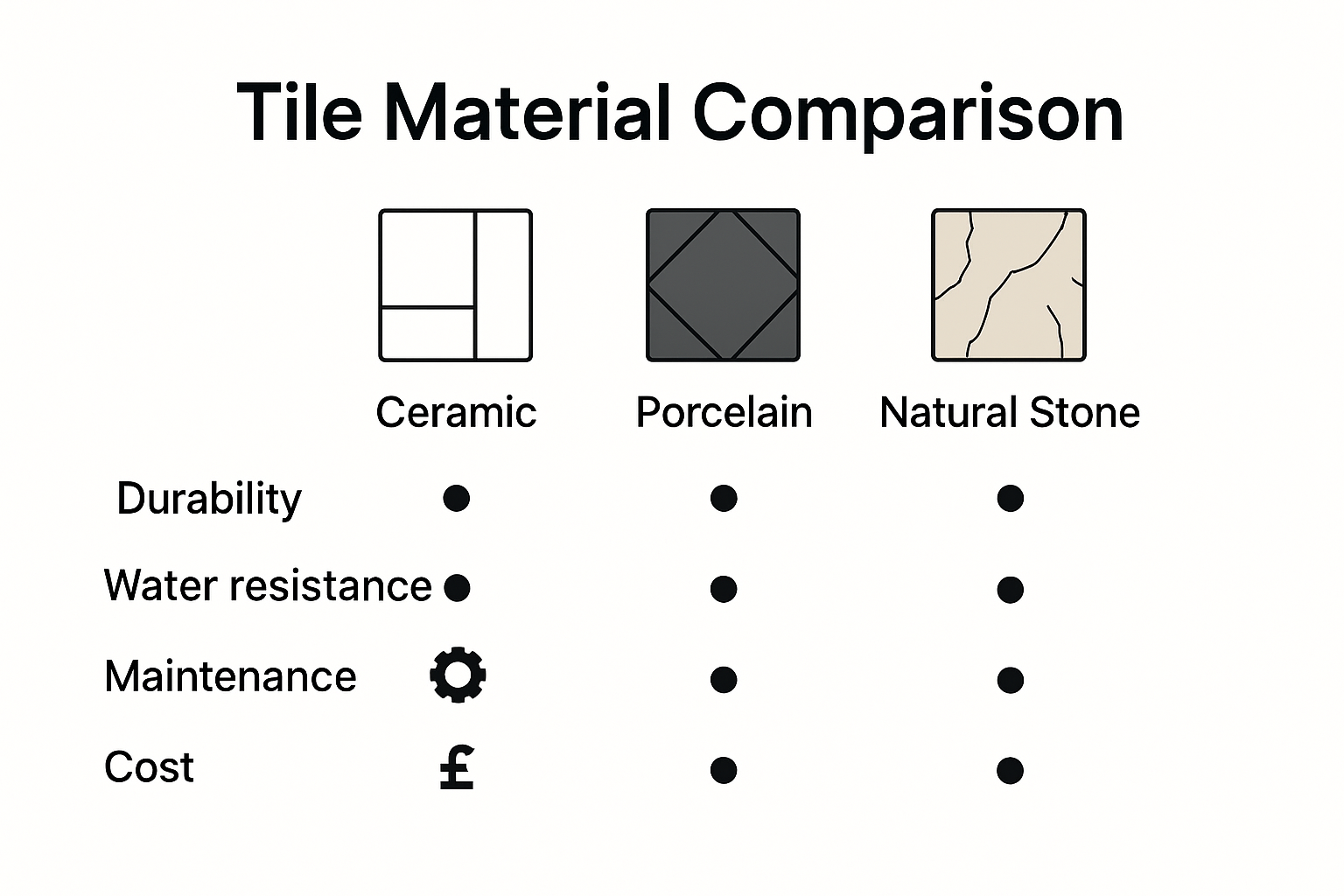 Comparison of tile types: ceramic, porcelain, natural stone.