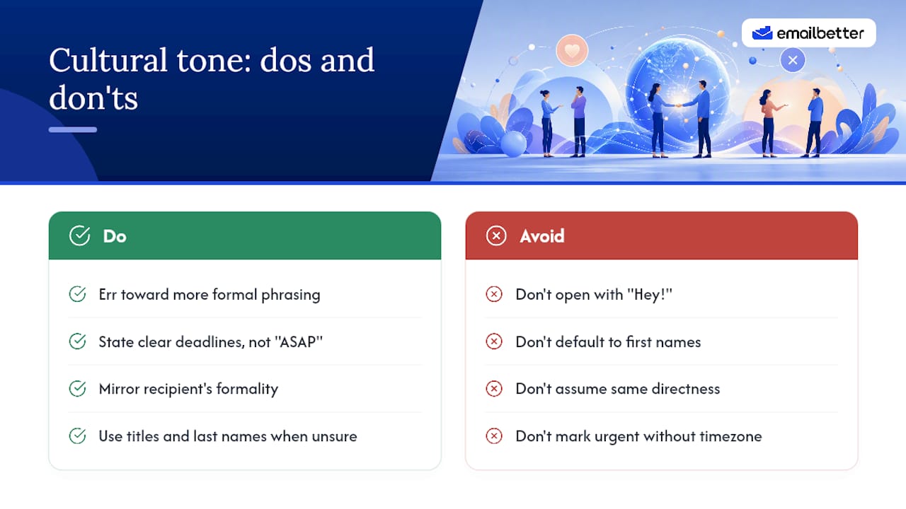 Common cultural or tone considerations in business email language — overview diagram