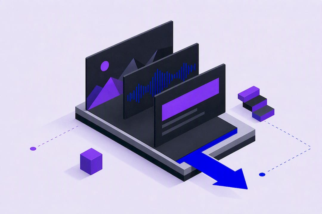 Isometric illustration of layered video hook elements