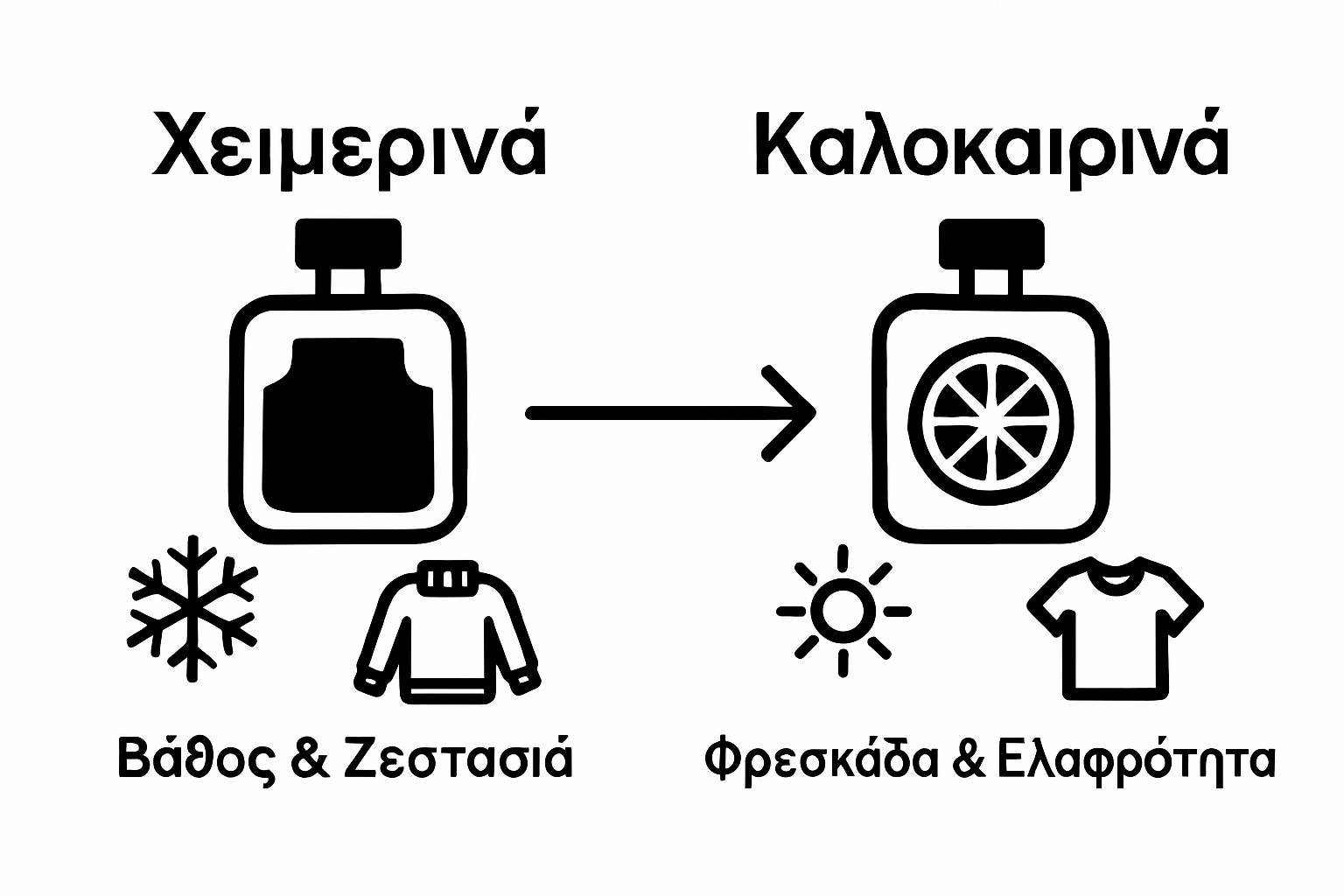 Infographic του χειμερινού και του καλοκαιρινού αρώματος με εικονίδια ζεστασιάς και φρεσκάδας