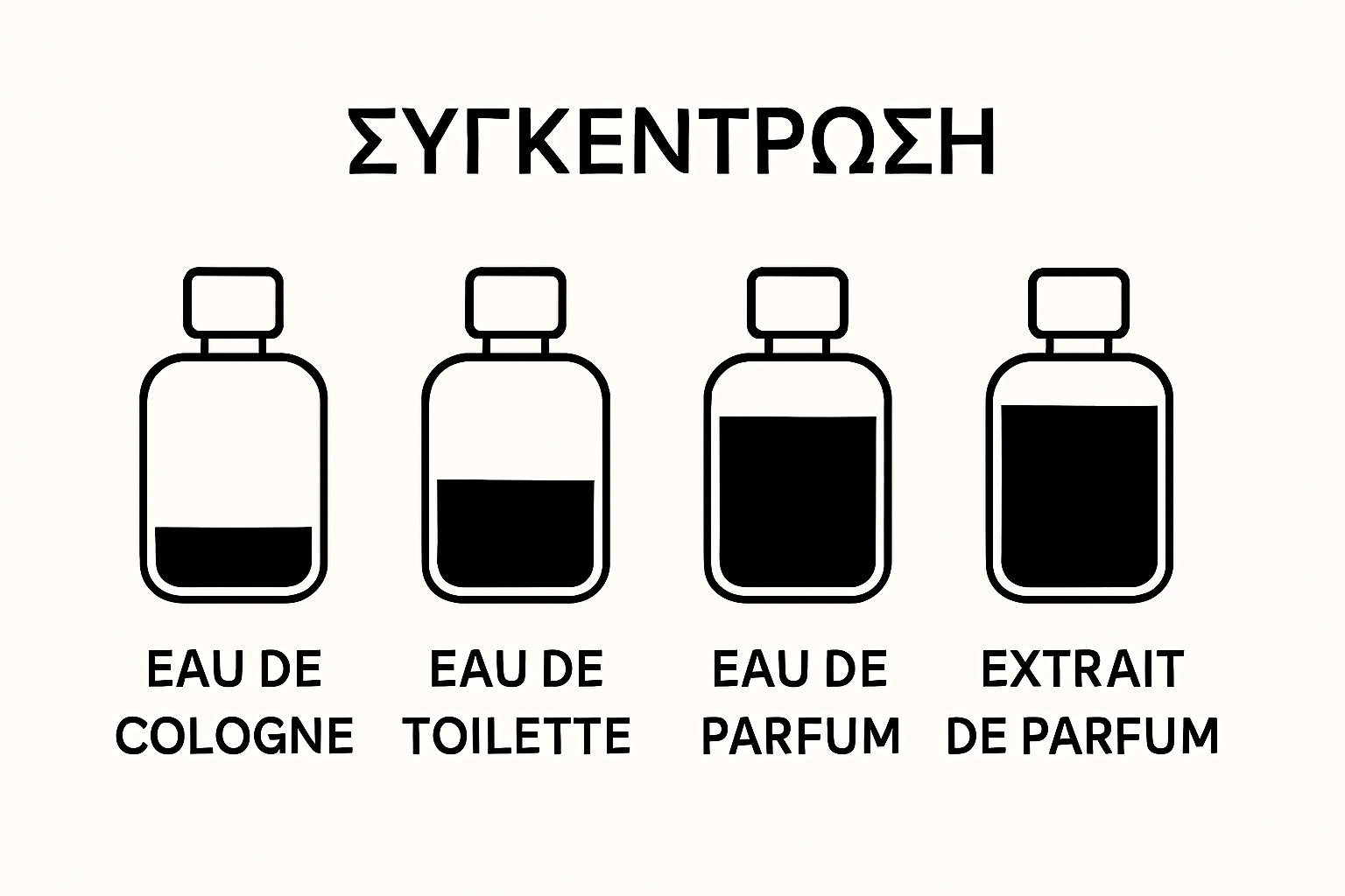 Infographic visually comparing four perfume concentration types with filled bottle icons
