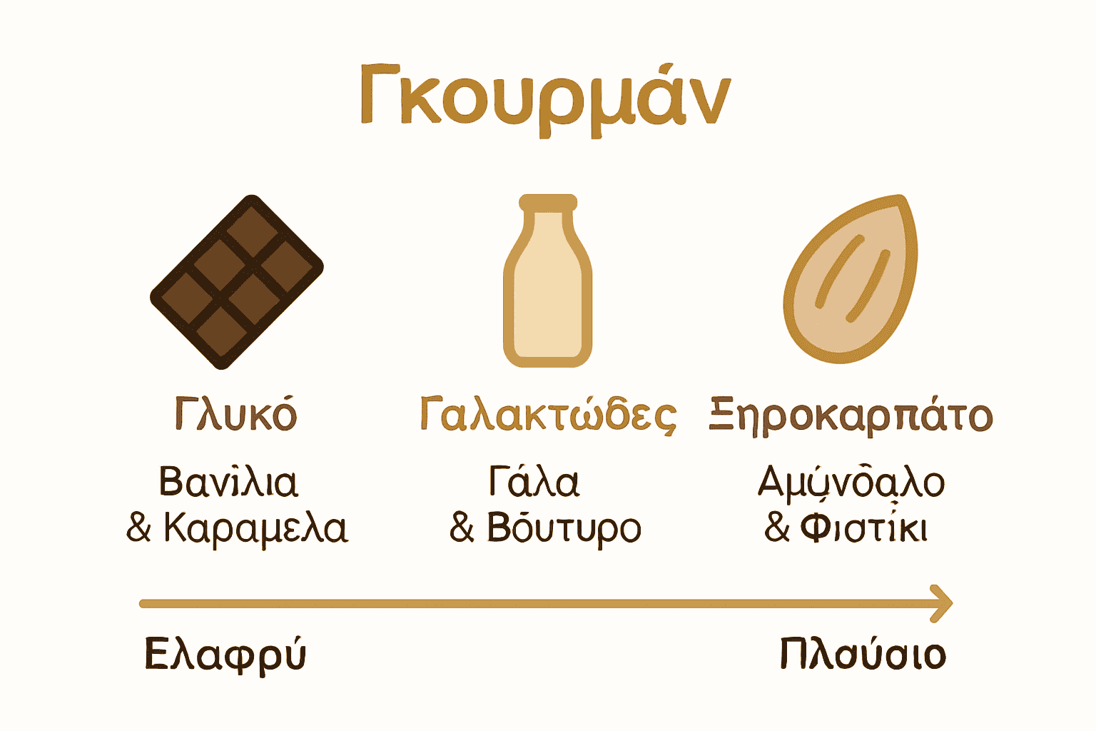 Infographic comparing sweet, milky, and nutty gourmand fragrance types with icons