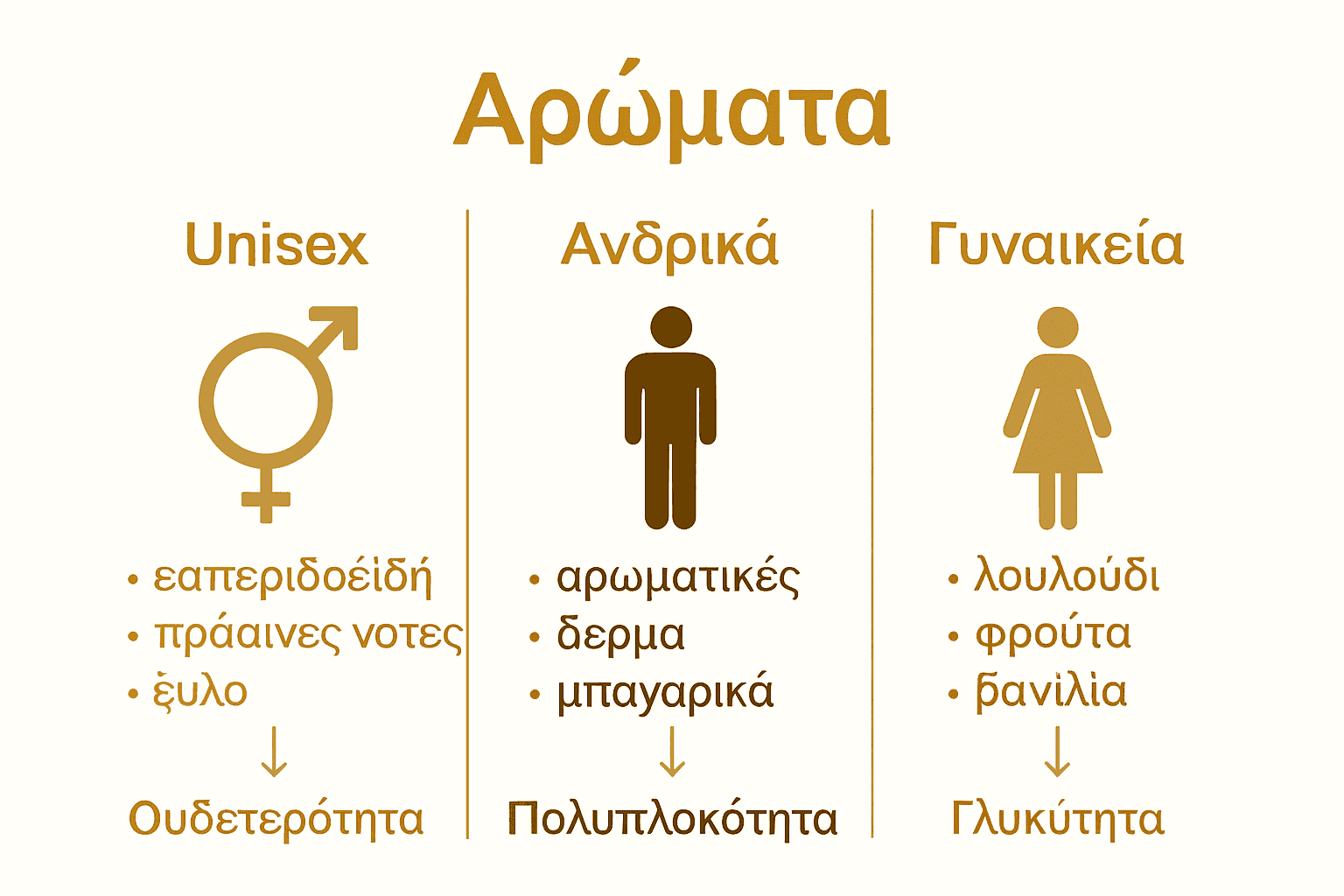 Σύγκριση unisex, ανδρικών και γυναικείων αρωμάτων με εικονίδια και βασικά χαρακτηριστικά