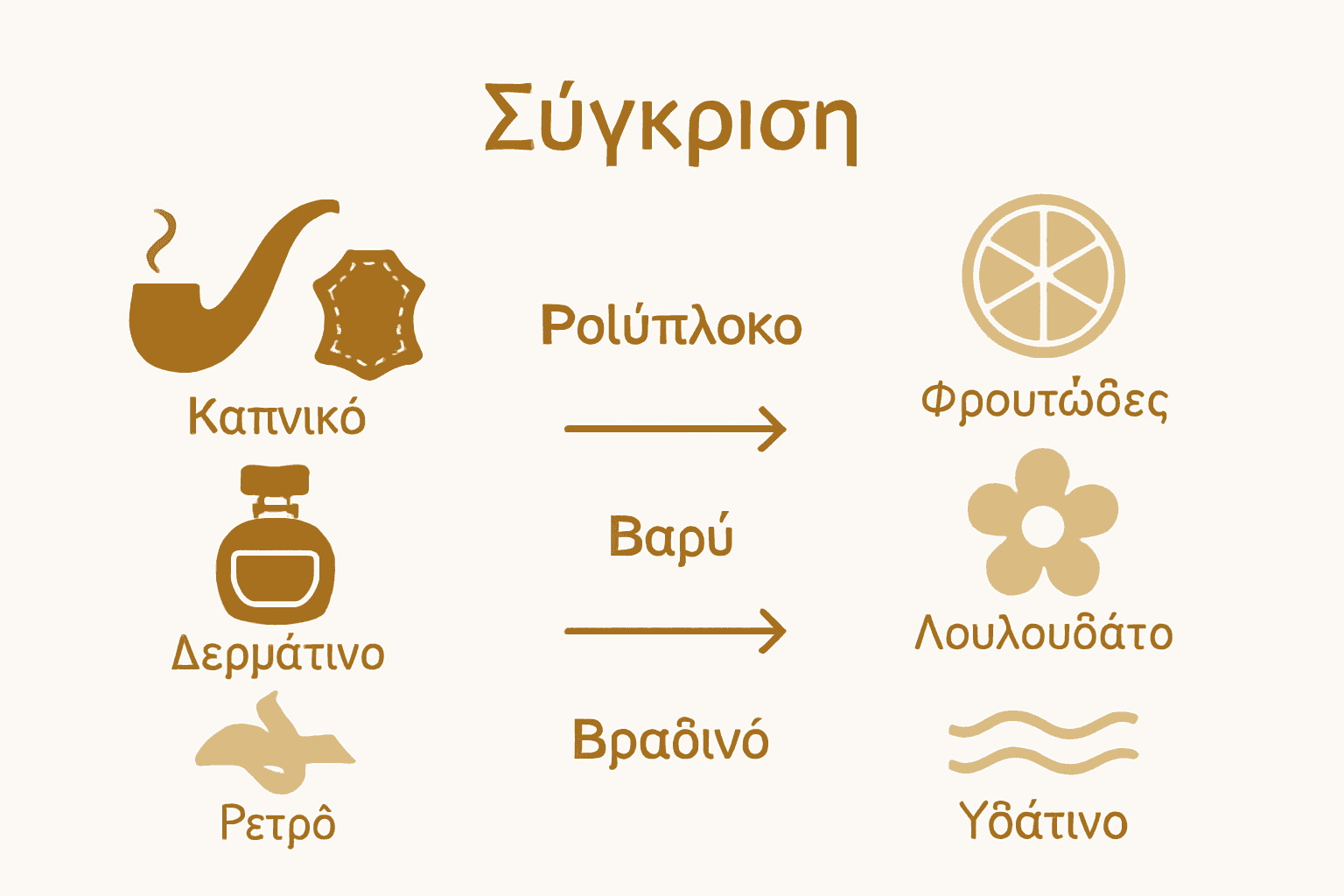 Καπνός, Δέρμα, Ρετρό: Ο απόλυτος οδηγός αρωμάτων 3 Σύγκριση κατηγοριών αρωμάτων με εικόνες καπνού, δέρματος, ρετρό έναντι κλασικών αρωμάτων.