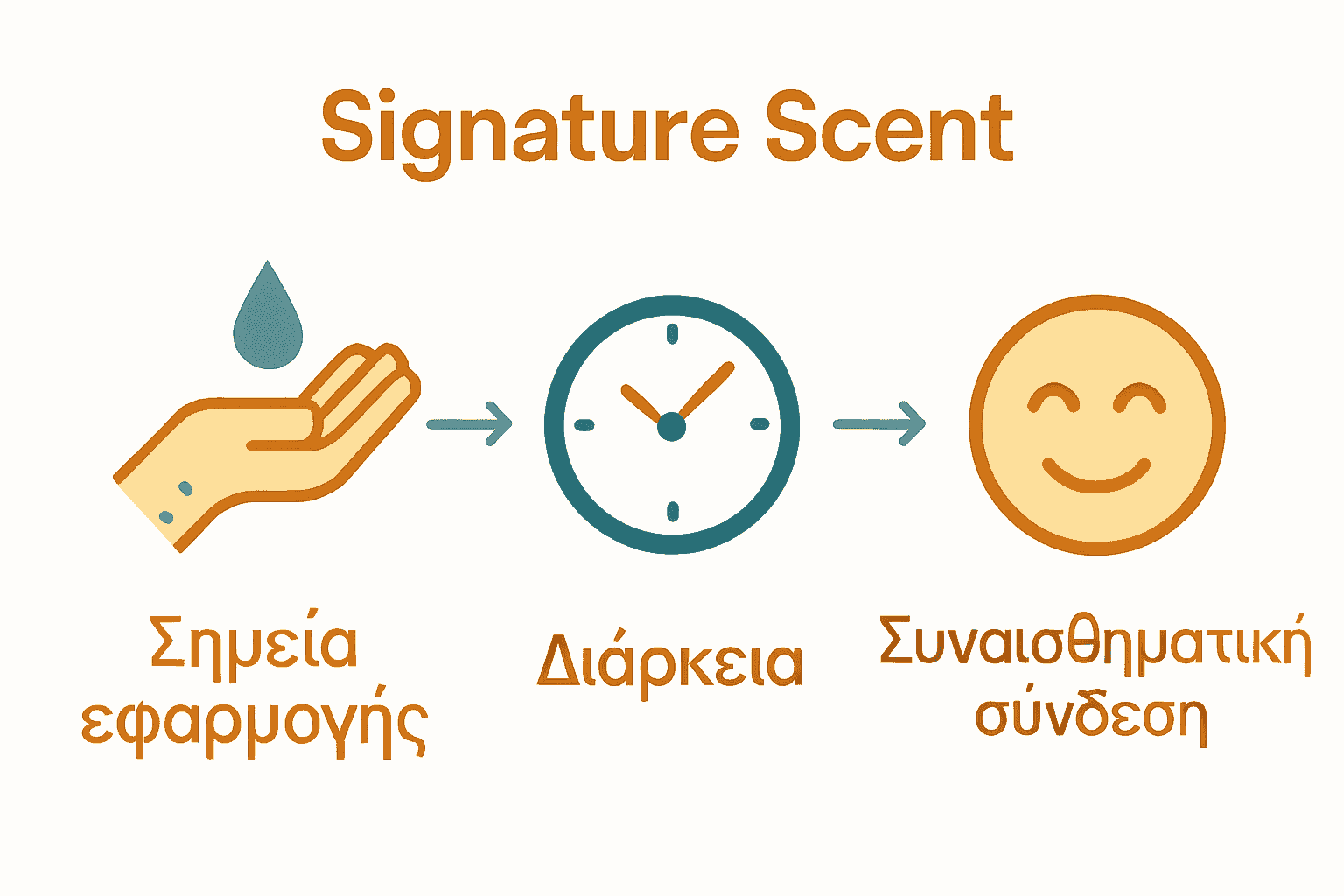 Διαδικασία επιλογής signature scent με εικονίδια εφαρμογής, διάρκειας και συναισθηματικής αντίδρασης.
