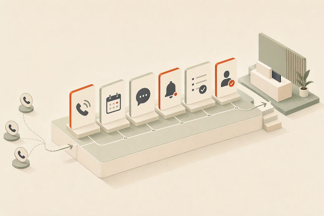 Isometric AI receptionist workflow title card