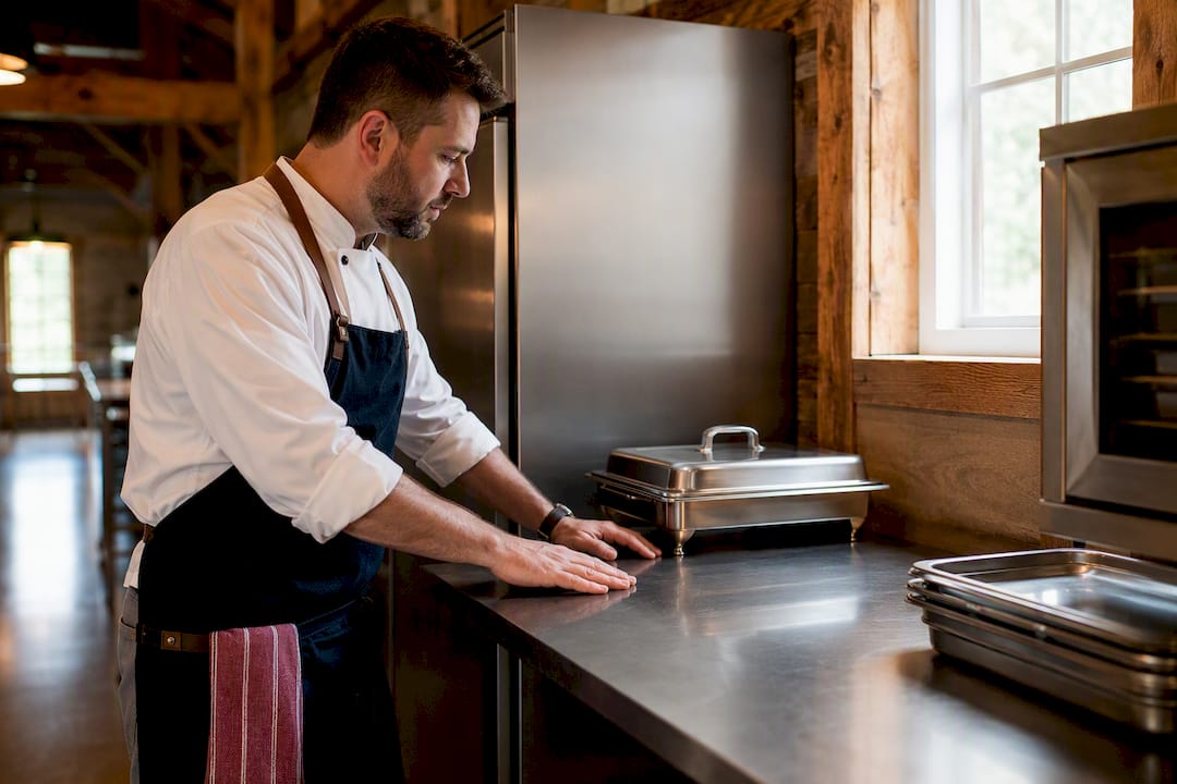 Caterer checking a wedding venue prep kitchen
