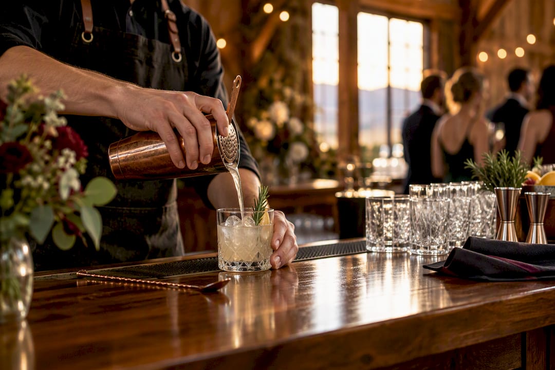 Bartender pouring drinks at barn reception