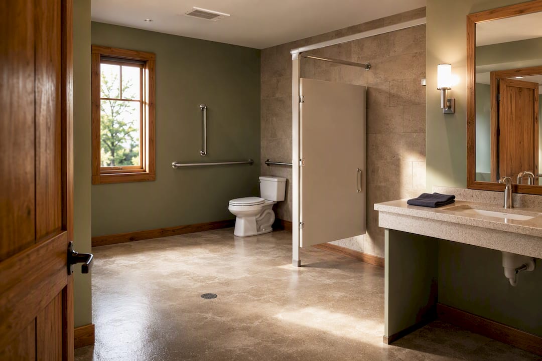 Accessible restroom with grab bars and clear sink space