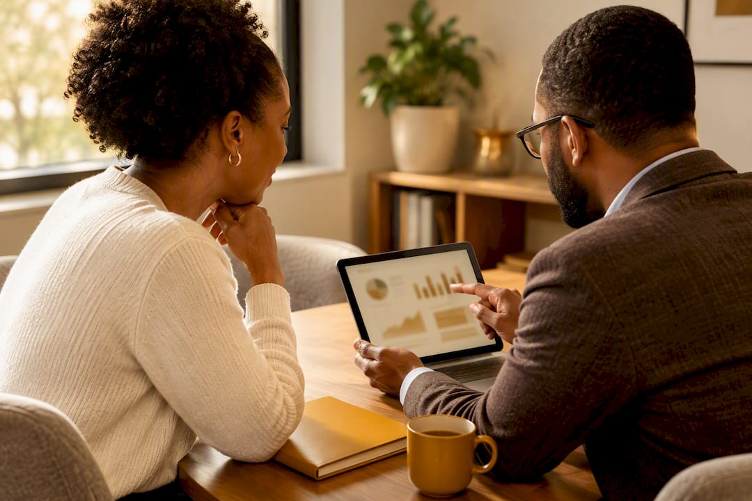 Owner and specialist reviewing business credit performance
