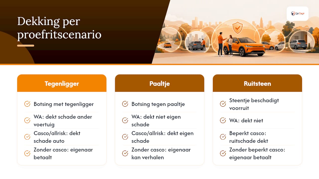 Overzicht van drie schadegevallen tijdens een proefrit