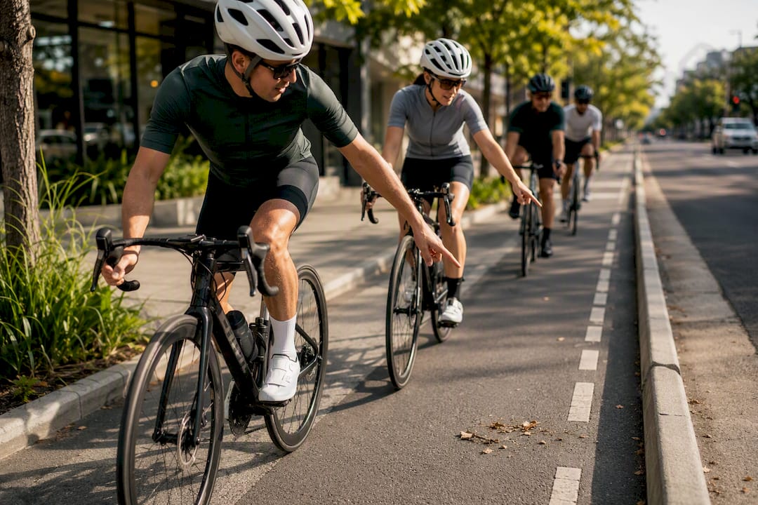 Cyclists relaying a road hazard signal