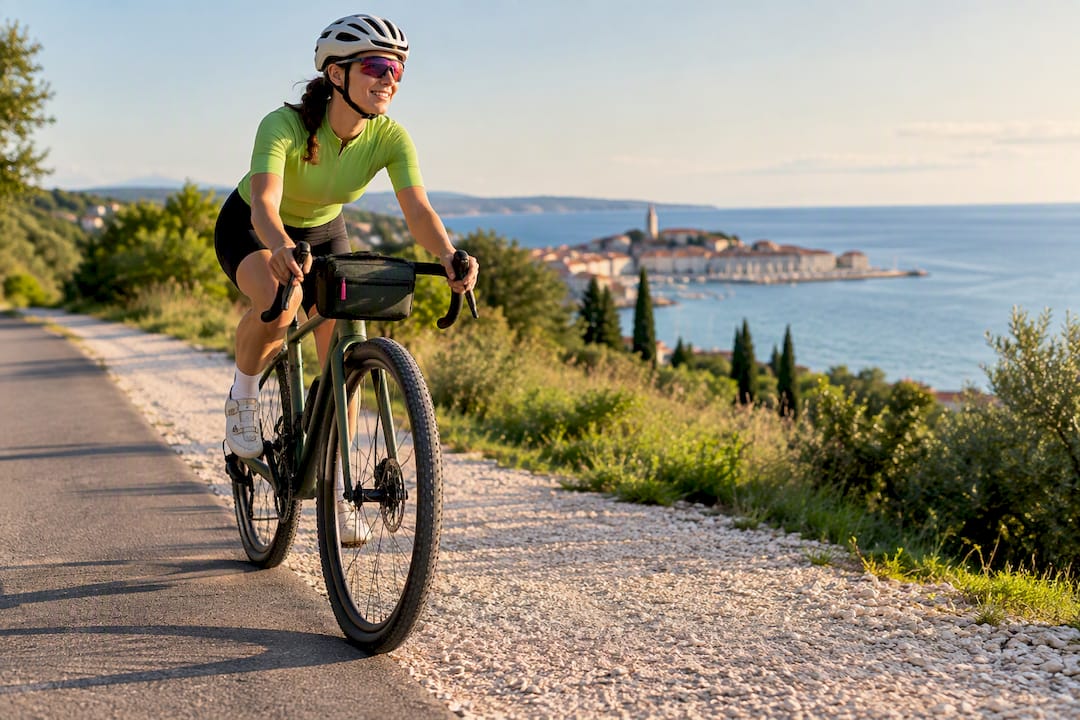 Cyclist riding mixed-surface coastal route