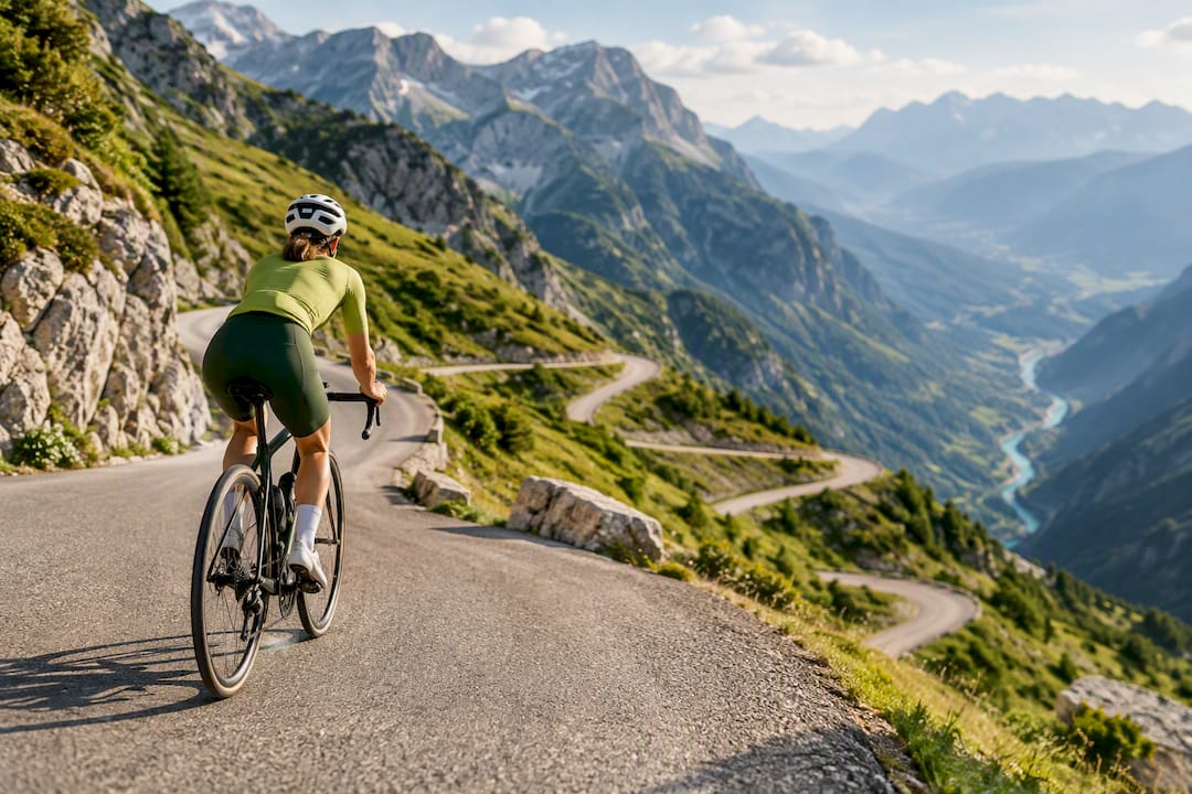 Cyclist climbing an exposed Soča pass