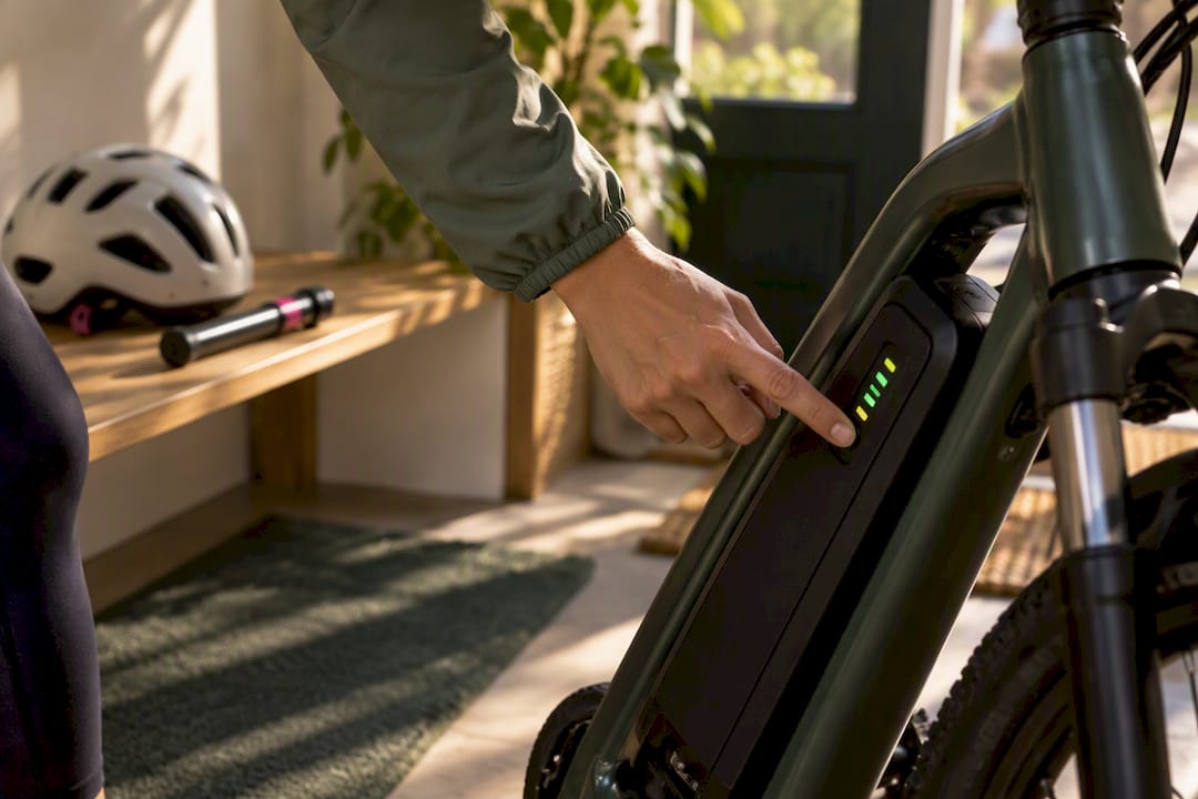 Rider checks an ebike battery before departure