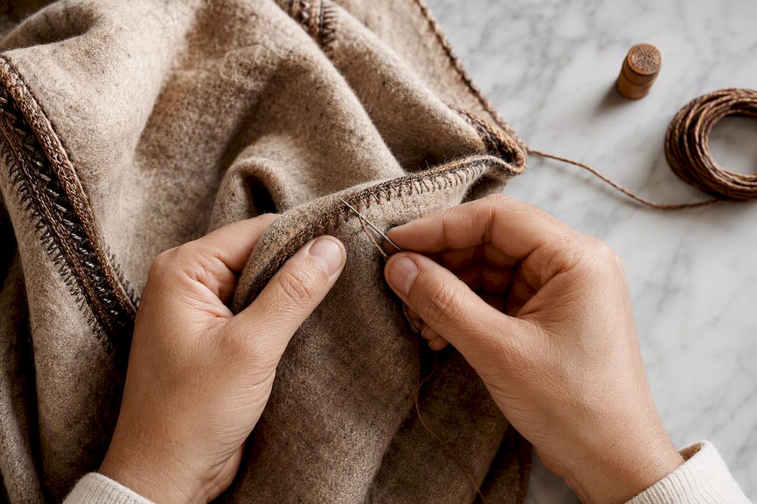 Close-up of hand-finished djellaba stitching