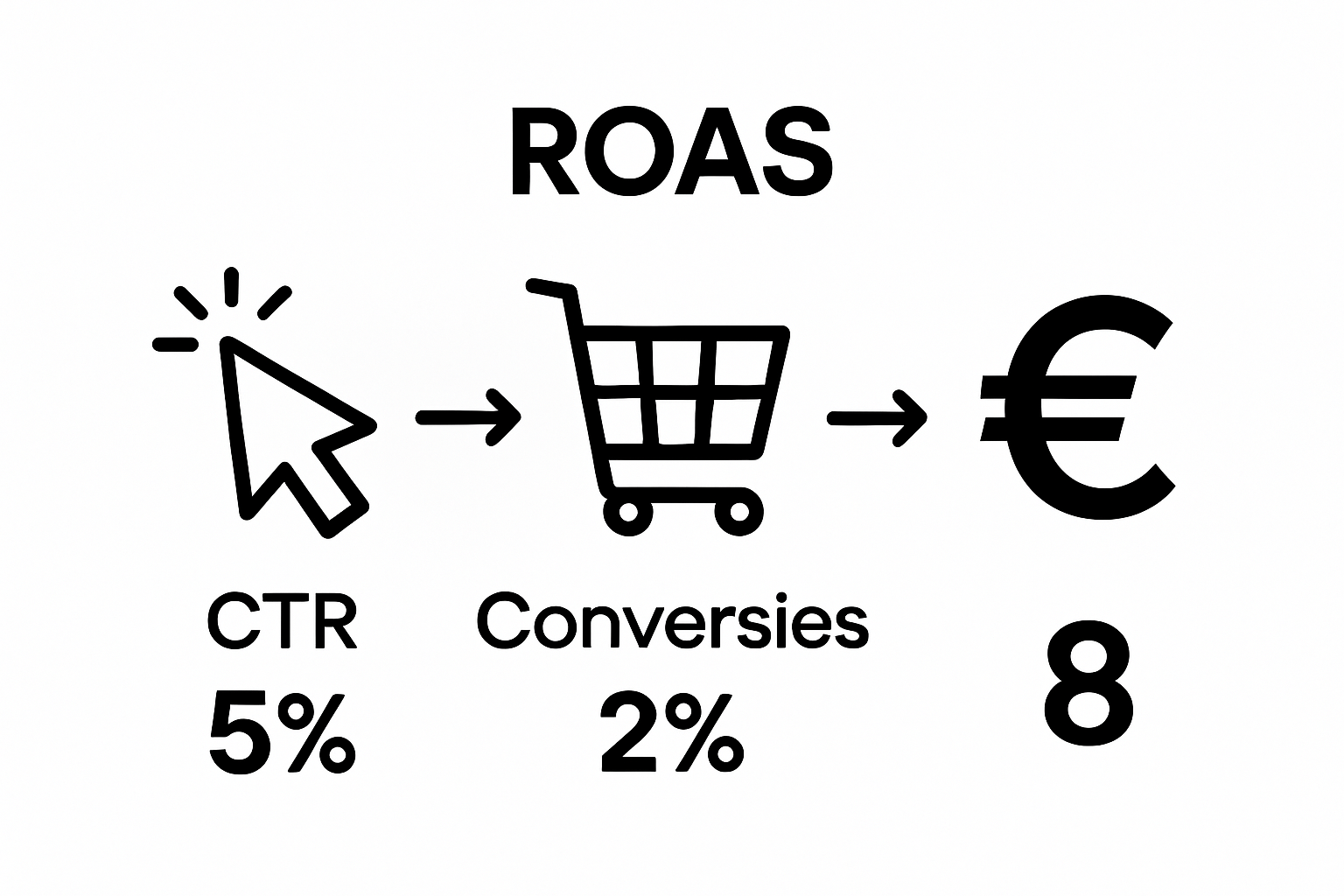 Visual infographic showing CTR, conversion rate, and ROAS connectivity