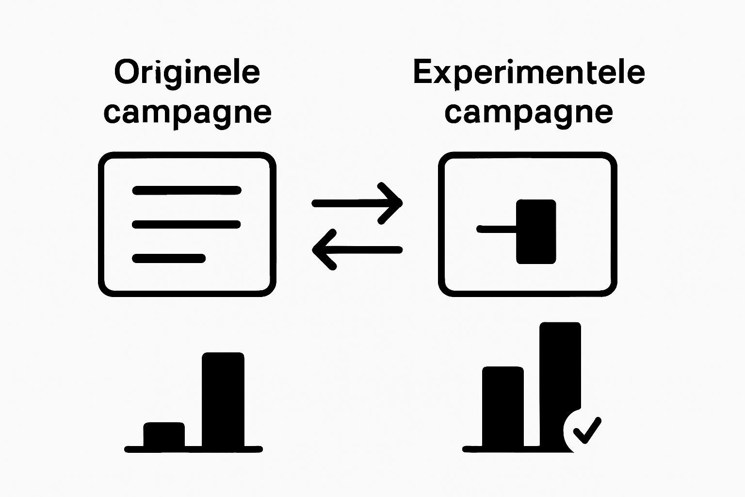 Infographic met visuele vergelijking van originele versus experimentele Google Ads campagne, inclusief traffic-splitsing en conversieresultaten.