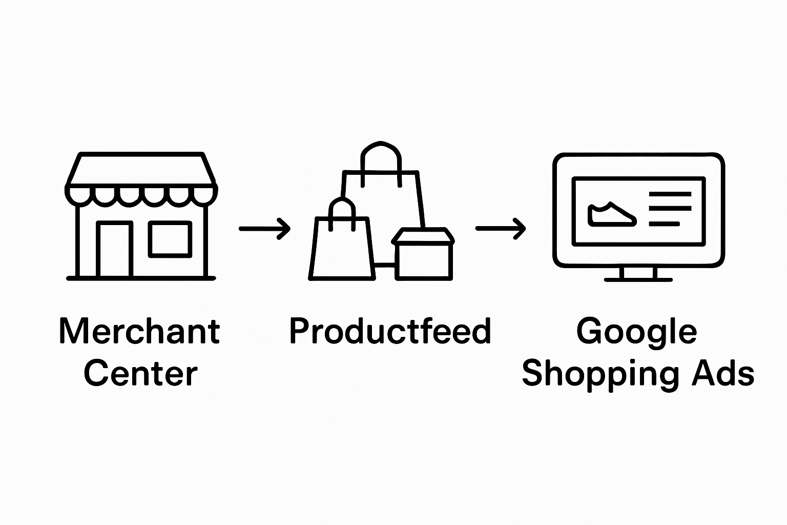 Stapsgewijze infographic over Merchant Center, productfeed en Google Shopping advertentie