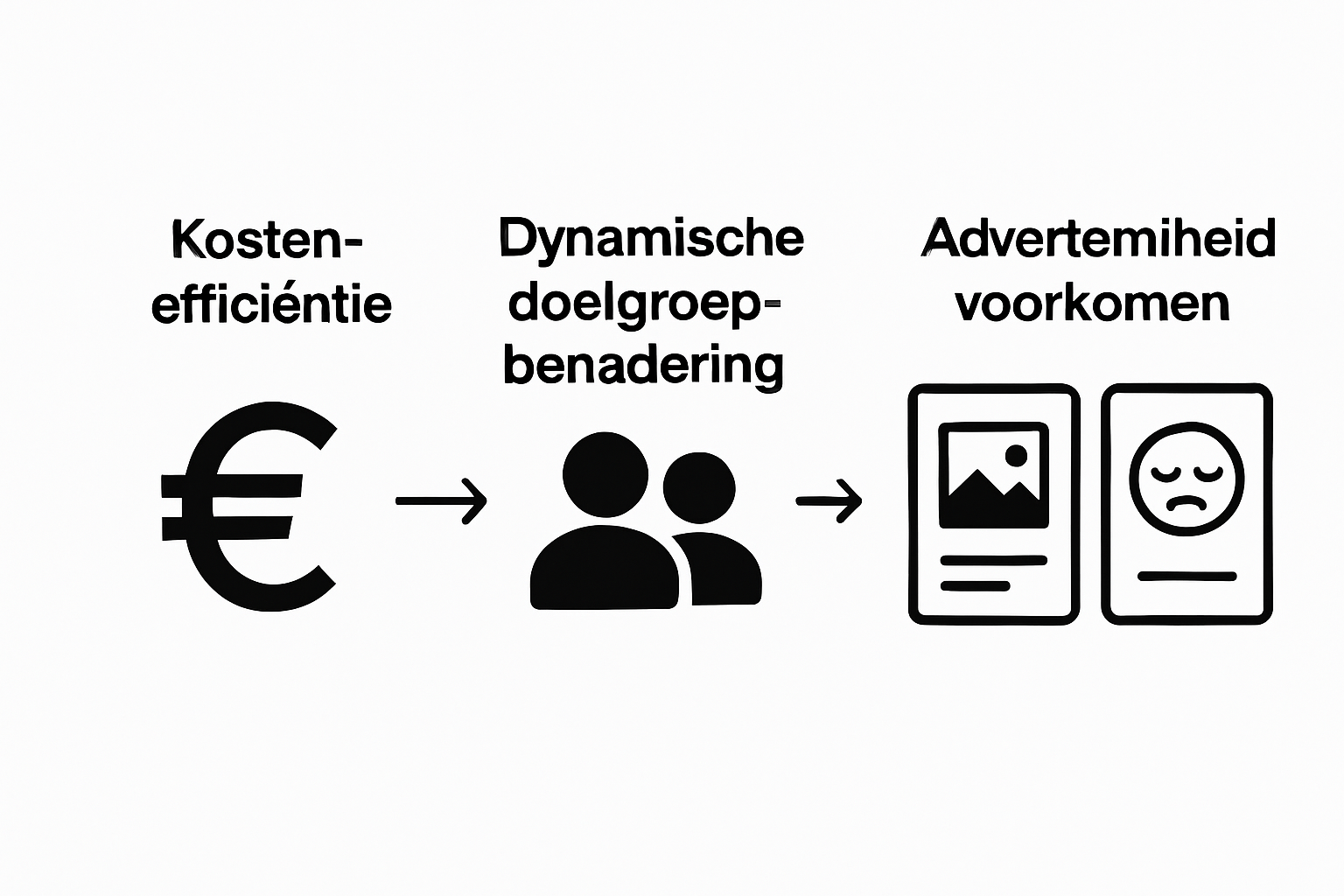 Drie pictogrammen tonen efficiëntie, doelgroepbenadering en advertentiemoeheid