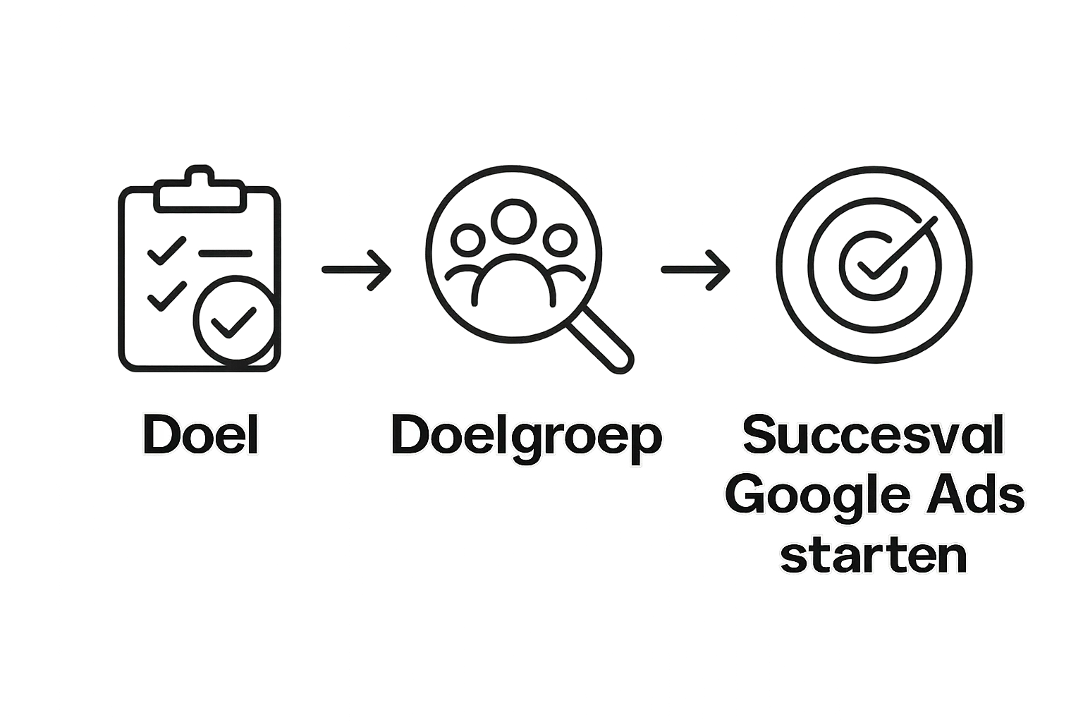 Infographic met doelen, doelgroep en lancering icons in volgorde