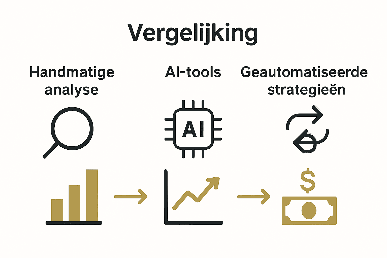 Vergelijking infographic handmatige analyse, AI-tools en biedstrategieën voor Google Ads.