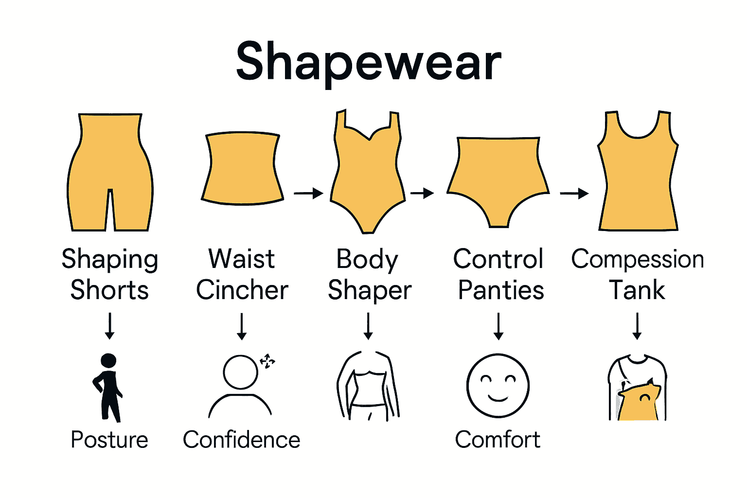 Infographic showing key shapewear types, target areas, and benefits.